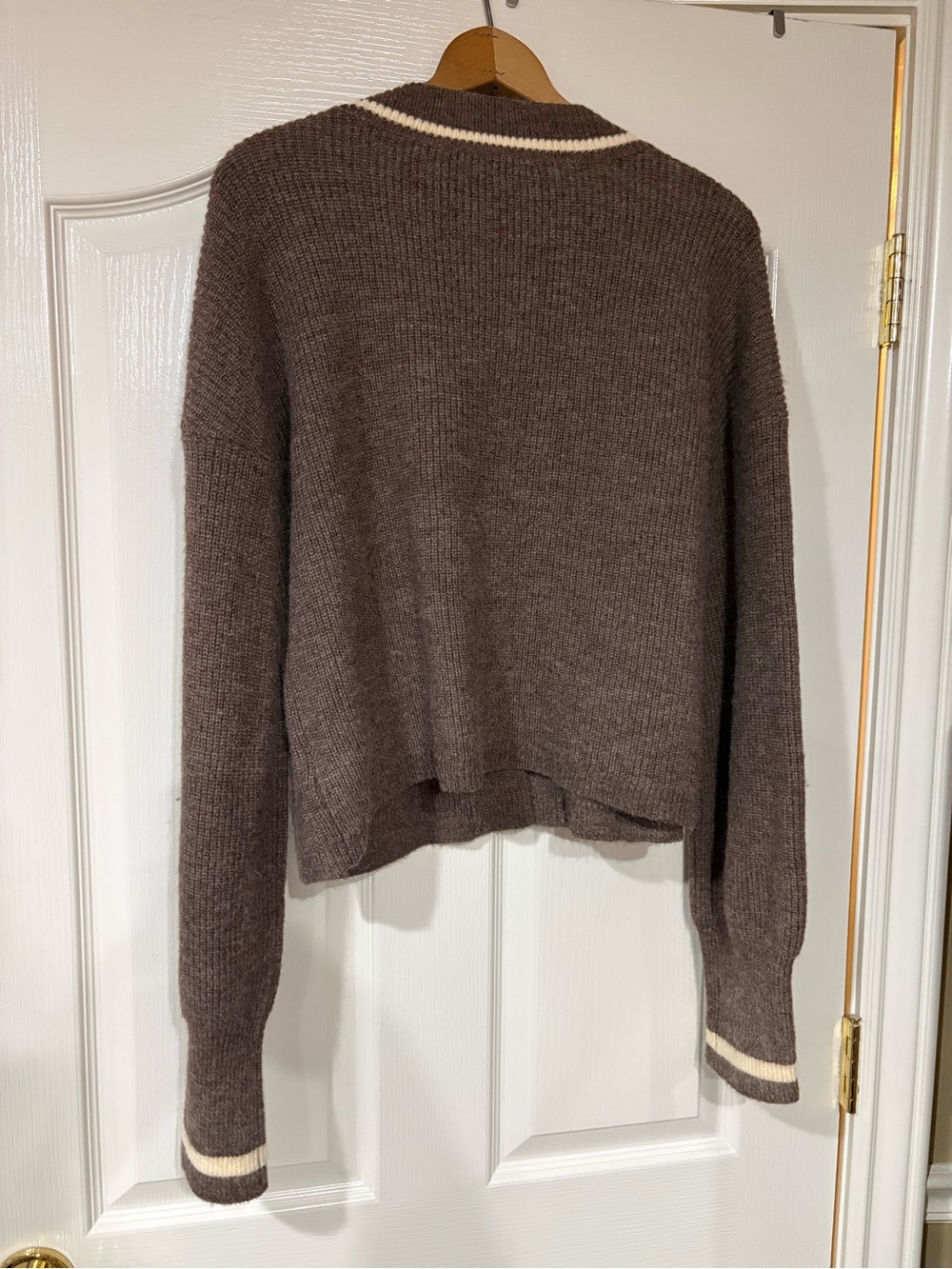 NWOT- New In- Chocolate Brown V-Neck Sweater with Cream Trim - Picture 3 of 4